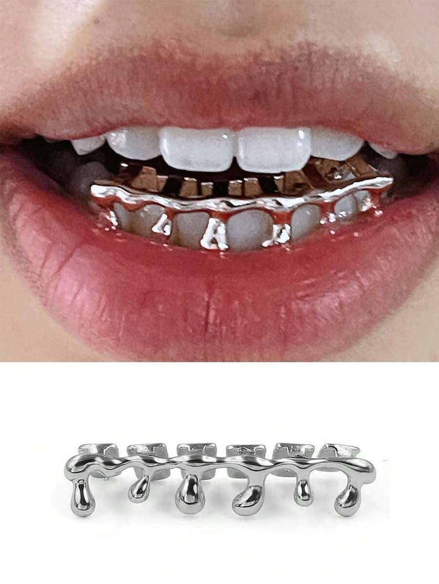 1 st. Coole Europese & Amerikaanse Hip-Hop Stijl Vergulde Waterdruppel Beugels Voor Ondertanden, 6 Tanden, Klassieke 18K Vergulde Koperen Tandheelkundige Kwaliteit Hip-Hop Stijl Grill Ornament