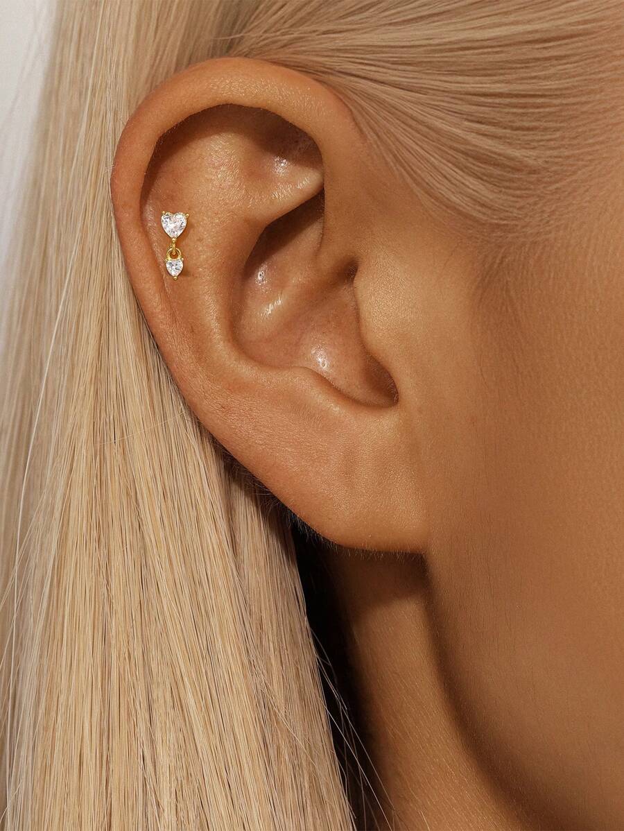 EleRunis 1 pièce Boucles d'oreilles en argent sterling 925 avec double boucle amoureuse incrusté, dos plat, pour cartilage, hélix, piercing. Bijoux raffinés pour le port quotidien, mariage, fête, fiançailles, anniversaire, Saint-Valentin