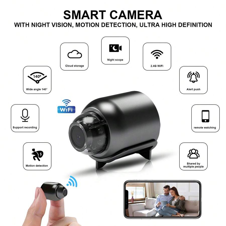 Câmera Wifi Mini HD, Visão Noturna, Detecção de Movimento, Monitoramento Remoto, Ângulo Amplo de 140°, Micro Configuração DIY, Visão Noturna (Sem Luz Visível)