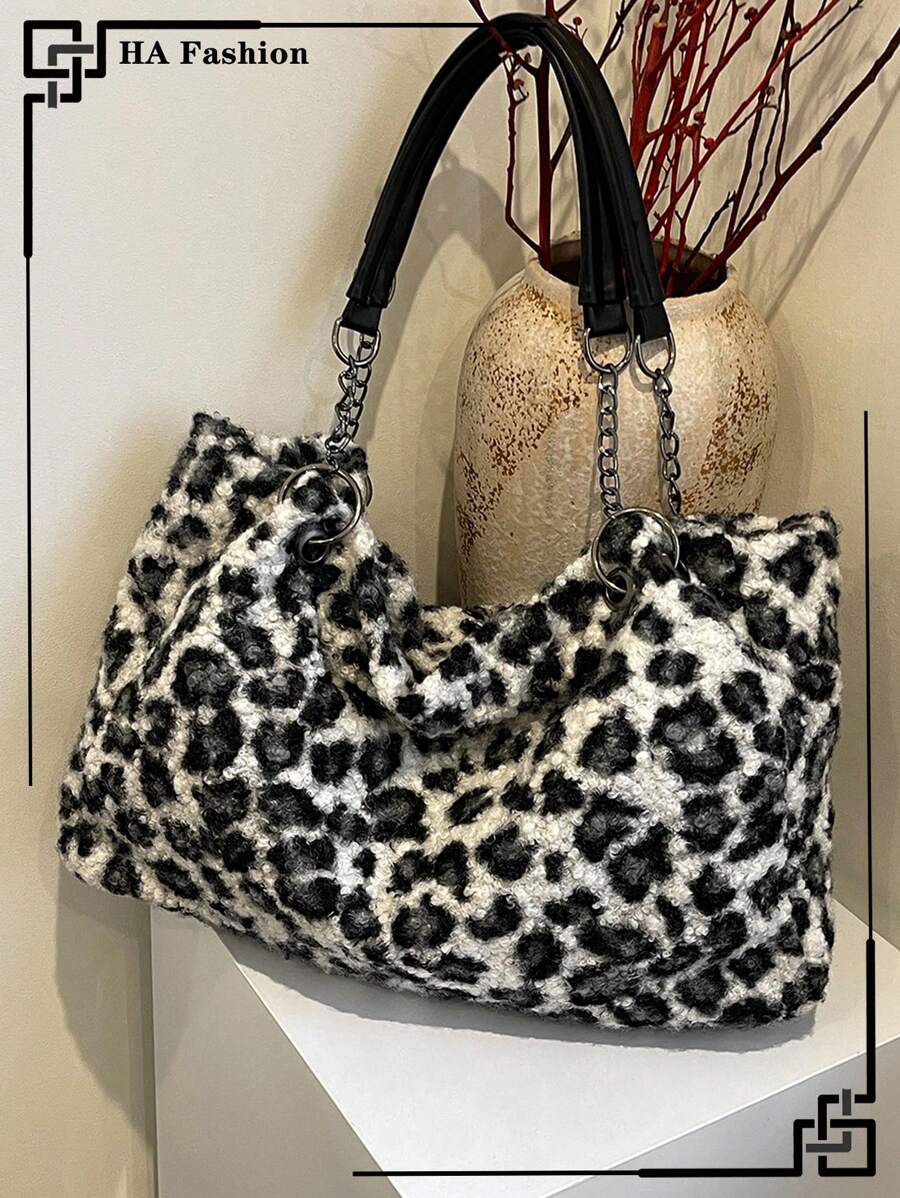 Bolsa tote peluda com estampa de leopardo, grande capacidade, estilo clássico, bolsa de ombro fashion, para deslocamento e uso diário