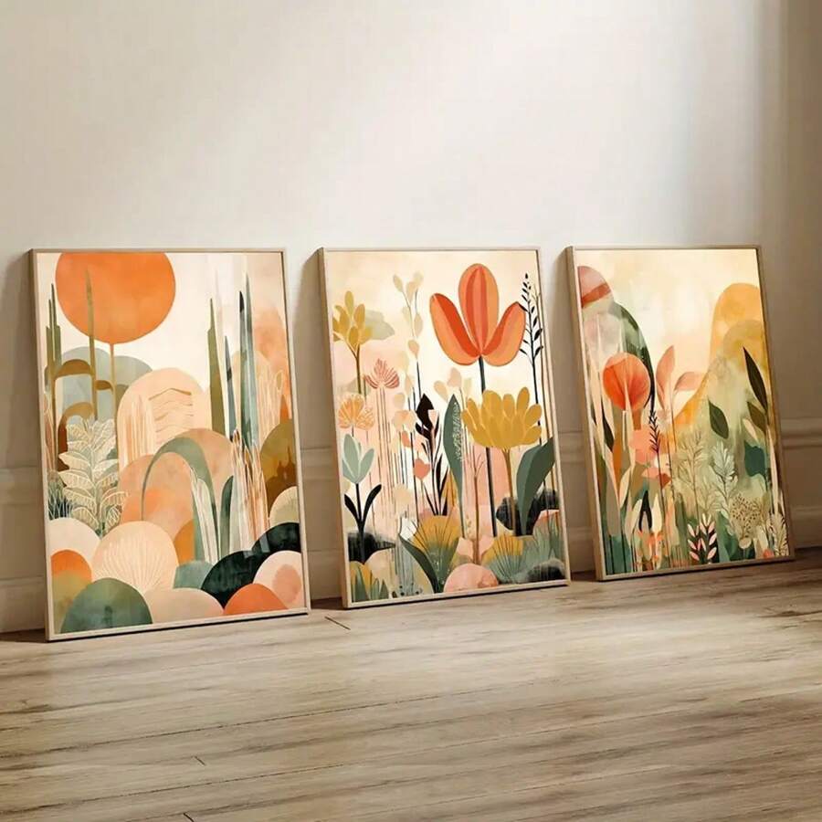 3 Pieces Set Optional Frame -Art Deco Modern Tropical Jungle Canvas Wall Art Prints, Abstract Botanical Bohemian Landscape Posters For Home Office Decor, Frameless Indoor Portrait Wall Hangings