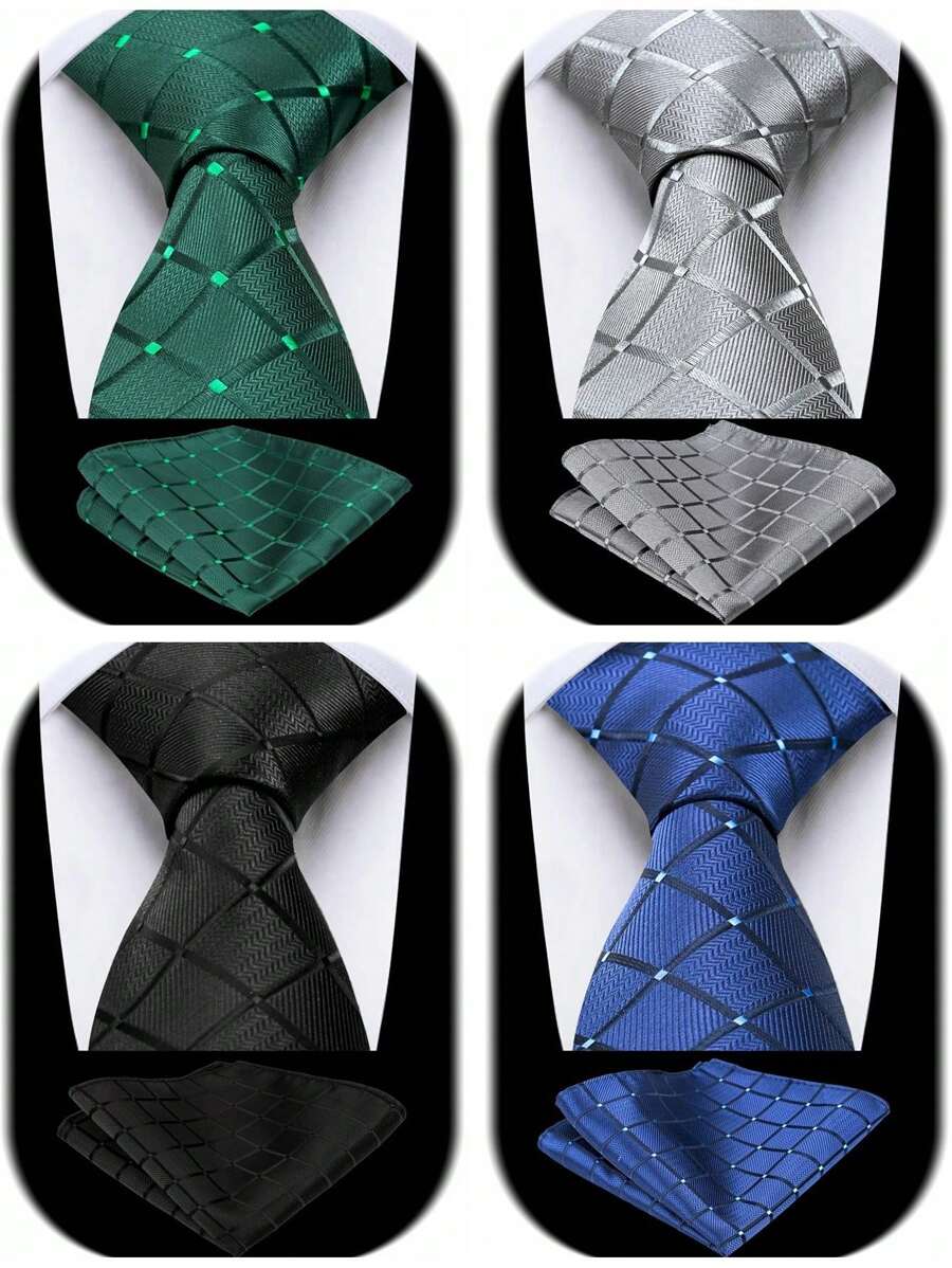 Conjunto de corbata y pañuelo de bolsillo de cuadros escoceses trenzado, clásico y formal, de alta calidad en jacquard, en colores negro, verde, azul y gris, para hombres