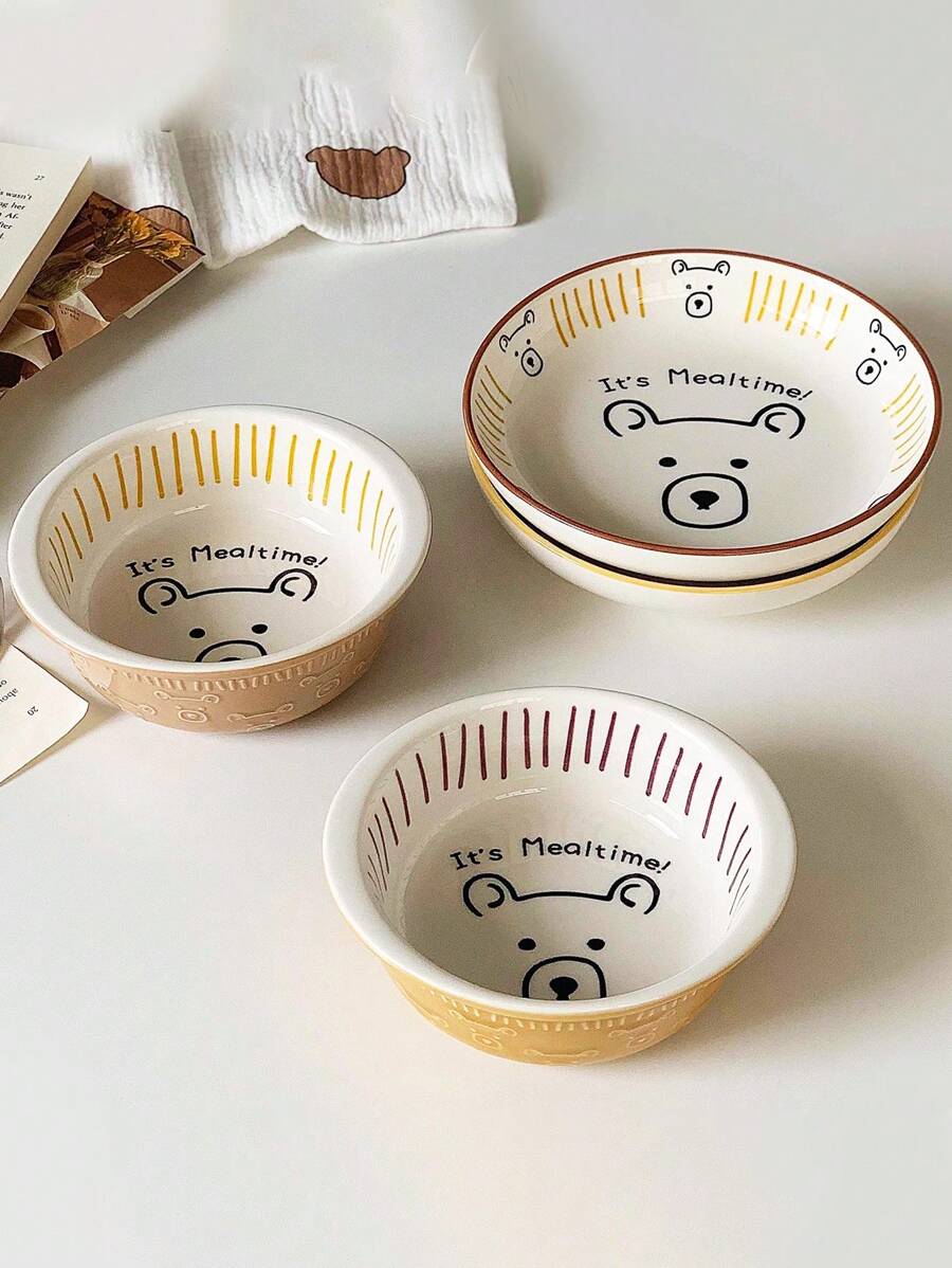 1 pièce Bol en céramique avec ours en relief créatif, assiette de vaisselle mignonne pour la maison, bol à salade, plat à dessert