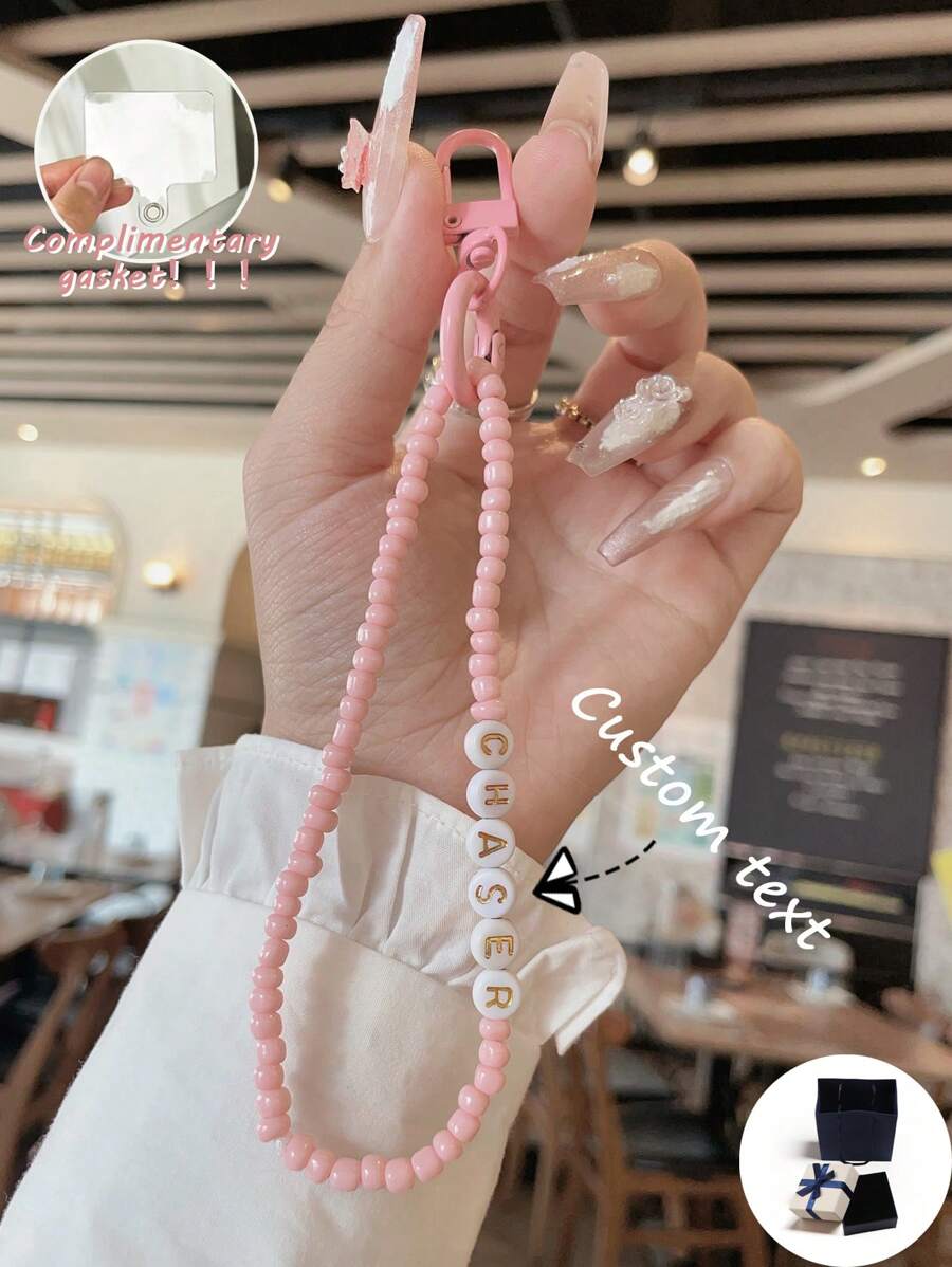 Customized Minimalist Pink Letter Beads Phone Lanyard (Comes With Phone Charm Washer), Can Customize Name, Slogan, Date, Suitable For Birthday, Anniversary, Gift-Giving, Everyday Wear