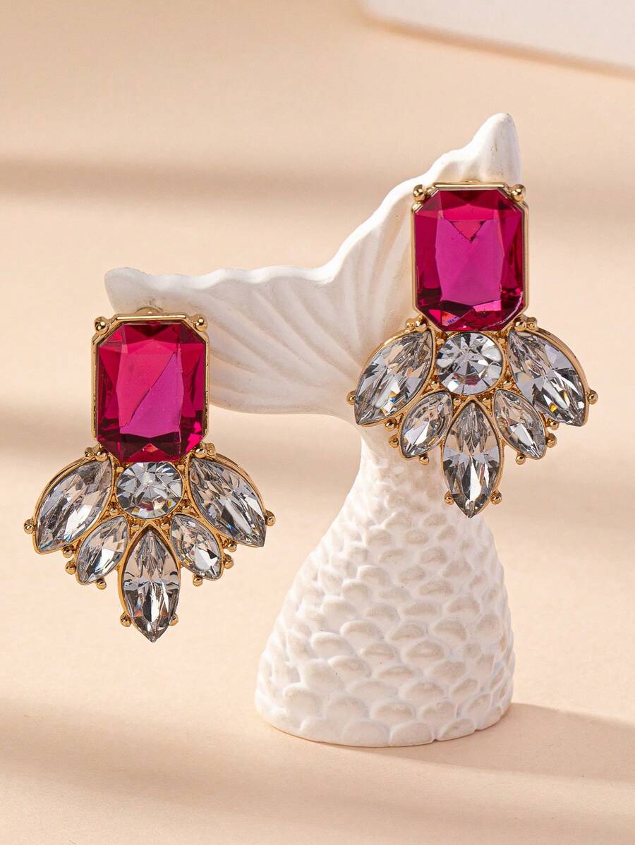1 Par de elegantes aretes personalizados con diseño geométrico de flor y gema fucsia, ideales como regalo para mujeres, San Valentín, mamá, madre, Día de la Madre