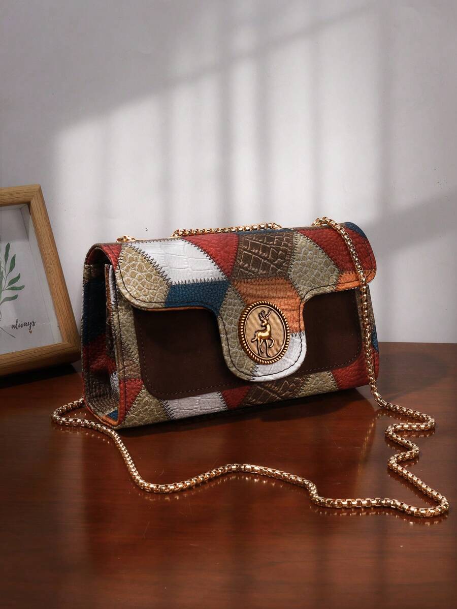 Bolsa de Ombro Feminina de Moda Retrô, Bolsa Transversal Elegante de Corrente, Bolsa Compacta para Celular de Textura de Couro de Lichia
