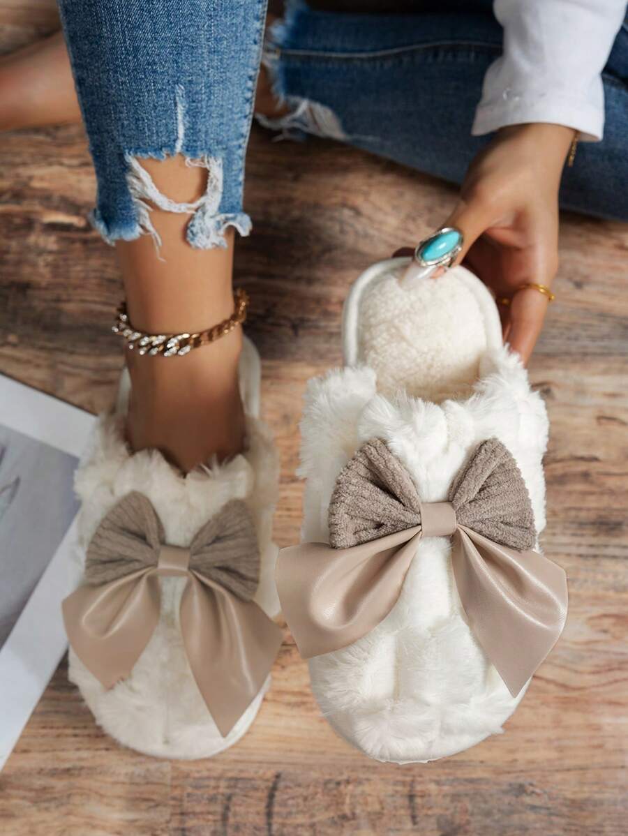 Women's Bow Decor Slip On House Slippers, Comfortable & Warm For Autumn/Winter Indoor, Home, Living Room, Dorm Use
