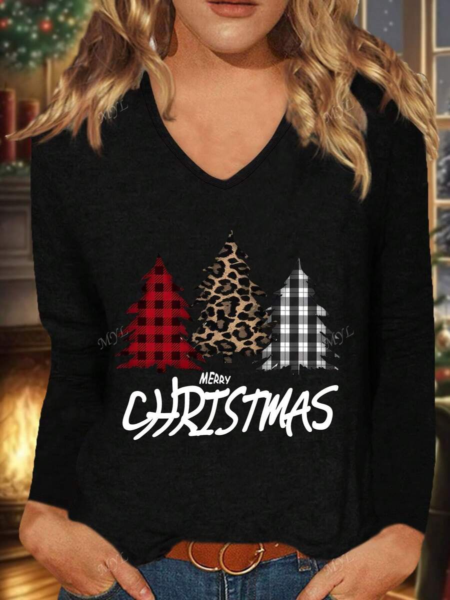 Christmas Christmas Tree Christmas Women Clothes,Printed Women's Casual V-Neck Long Sleeves, Autumn