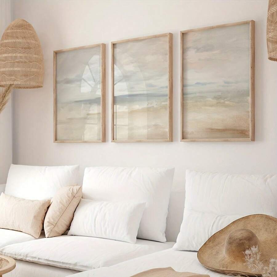 Juego de 3 impresiones en lienzo de paisaje de playa y minimalista - Arte de pared de paisaje marino en tonos pastel vintage, pósters sin marco para decoración de sala de estar, dormitorio y dormitorio