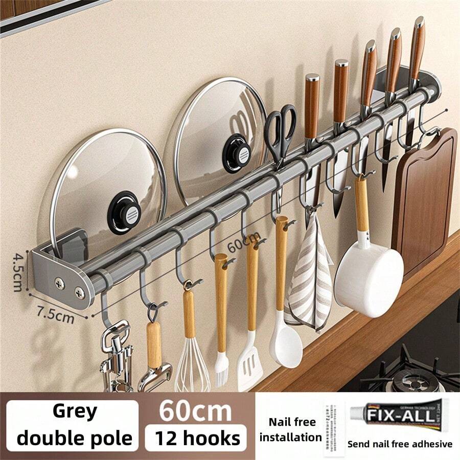 Kitchen Wall Mounted Storage Rack, No Tools Required, Holder For Spoons, Forks, Knives, Pot Lids, Organizer, Accessory Set