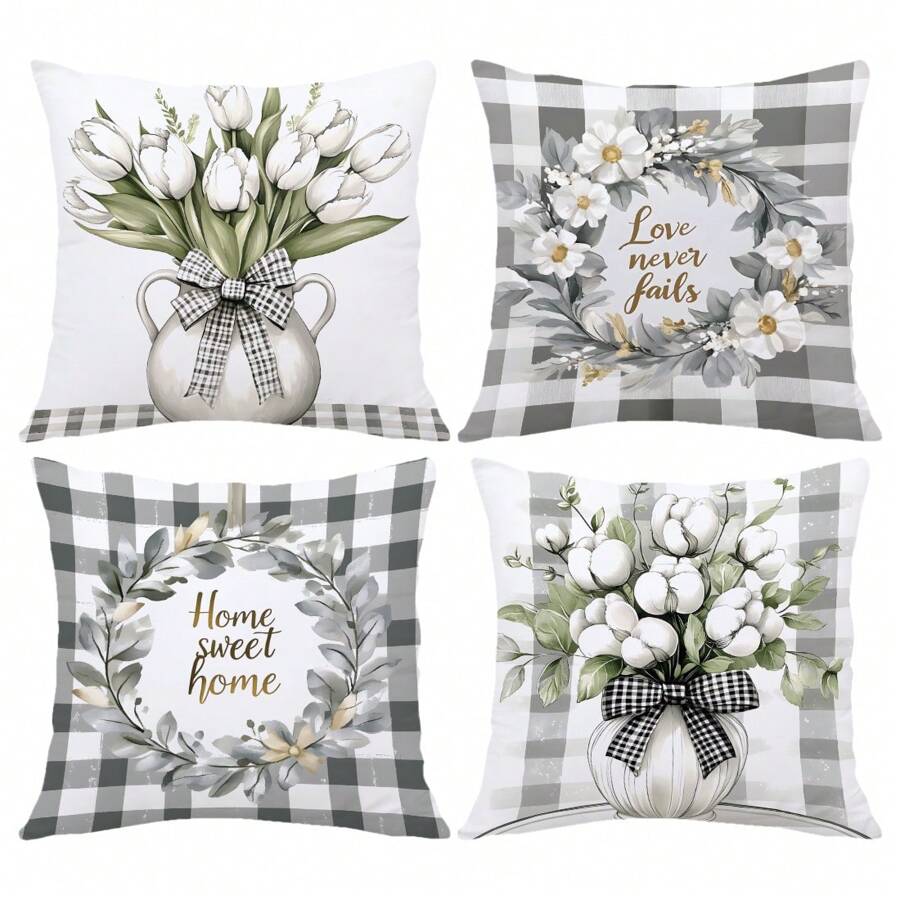 4pcs 17.7"X17.7" (45x45cm) Simple Plaid & Floral Print Cushion Covers (Single-Sided Printing), Suitable For Home Decor, Sofa, Bedroom, Car Pillow Covers (Inner Pillow Not Included)
