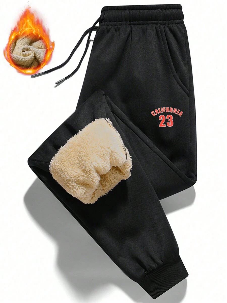 Men's Sherpa Lining Sweatpants, Loose Fit Elastic Waist Drawstring Printed Casual Jogger Pants
