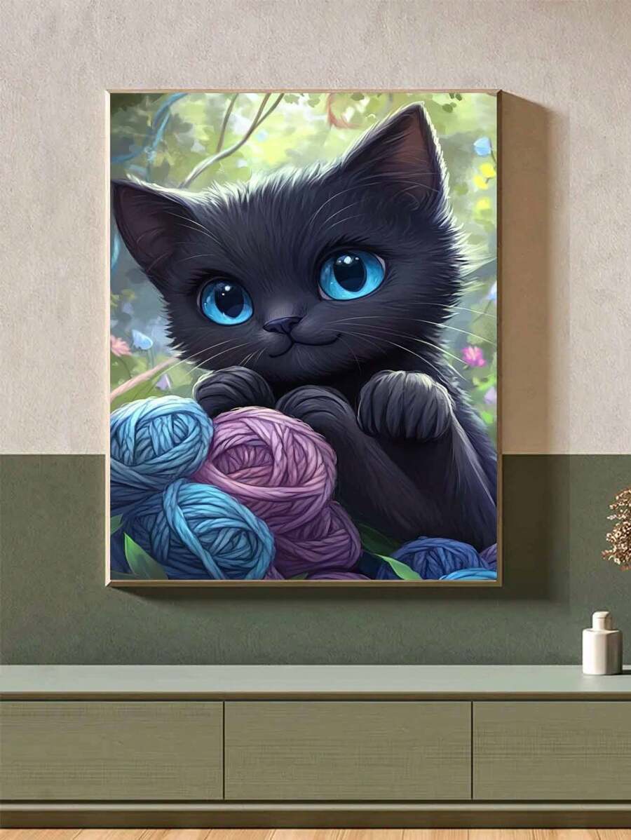 5D DIY Diamond Painting Mosaic, Playing Cat Pattern, Diamond Art Kit For Home Wall Decor, Great Gift For Friends On Christmas, Halloween, Thanksgiving