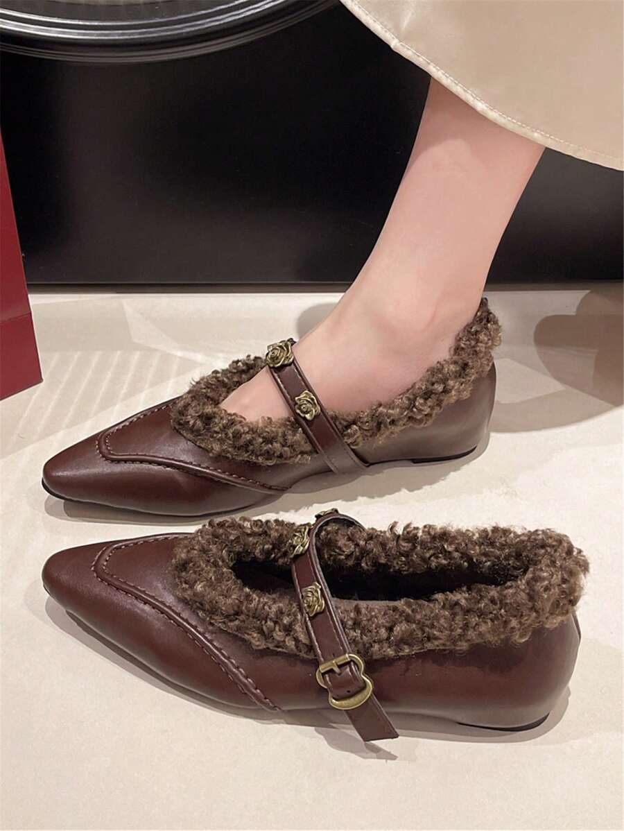 Plush Pointed Toe Ballet Flats For Women, French Style Low Vamp Flat With Warm Lining Mary Jane Shoes, Winter New Arrival