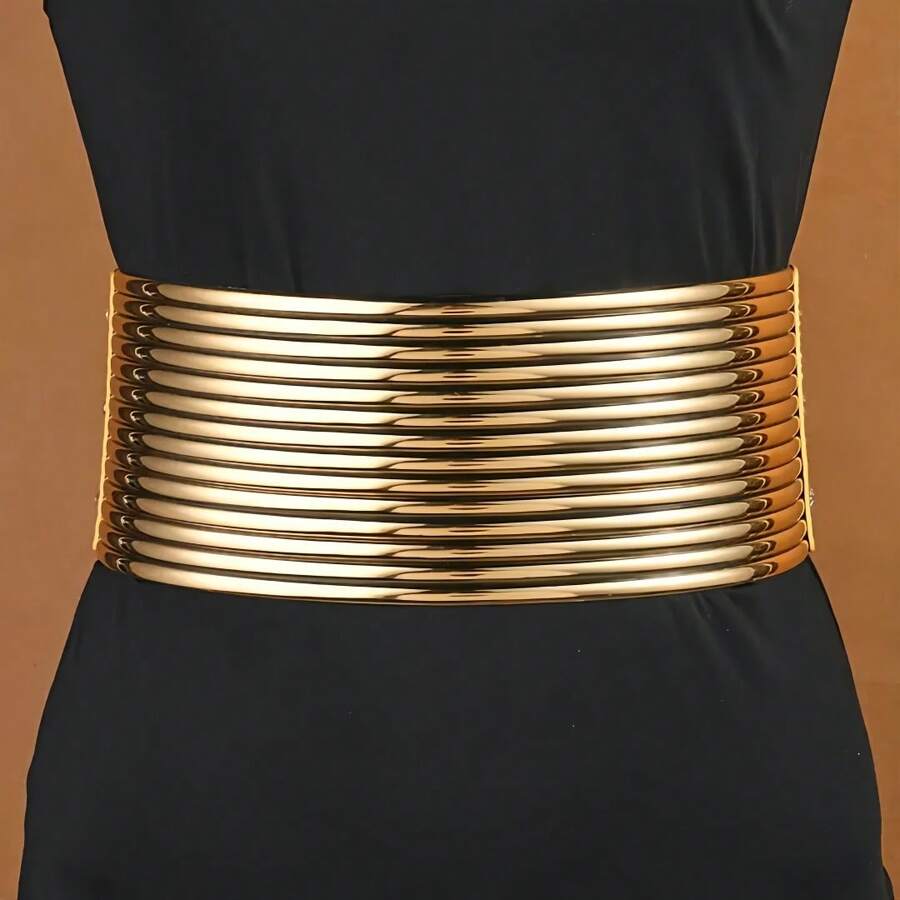 Fashionable Gold And Silver Zinc Alloy Wide Belt For Women, Thickened Casual Elastic Belt For Women's Waist Decoration, Suitable For Women's Daily Wear With Dresses