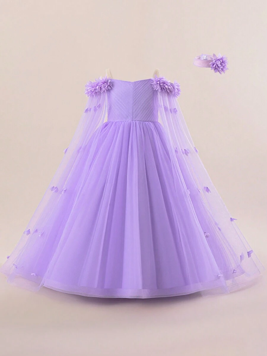 Vestido largo de malla elegante decorado con flores para niñas preadolescentes, vestido glamoroso y elegante para fiestas, bailes, ocasiones formales, adecuado para actuaciones escolares, sin accesorios para el cabello