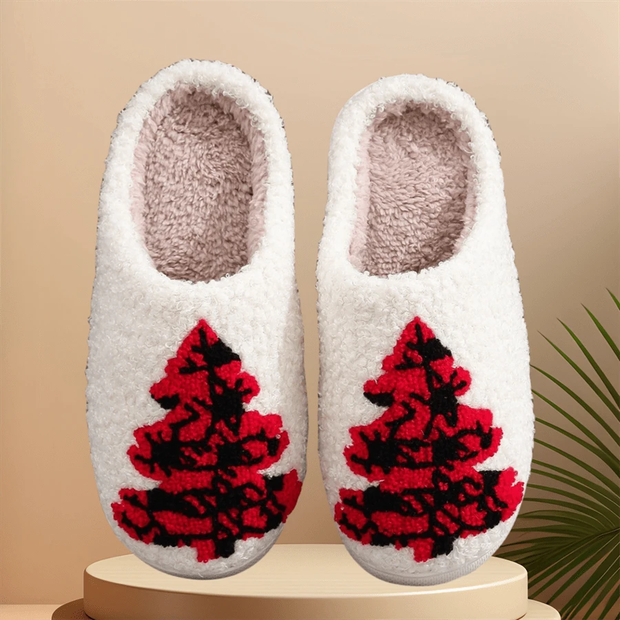Hot Selling Christmas Deer & Santa Claus Embroidery Print Indoor Thermal Slippers, Couple & Unisex Slip-On Slippers For Autumn/Winter