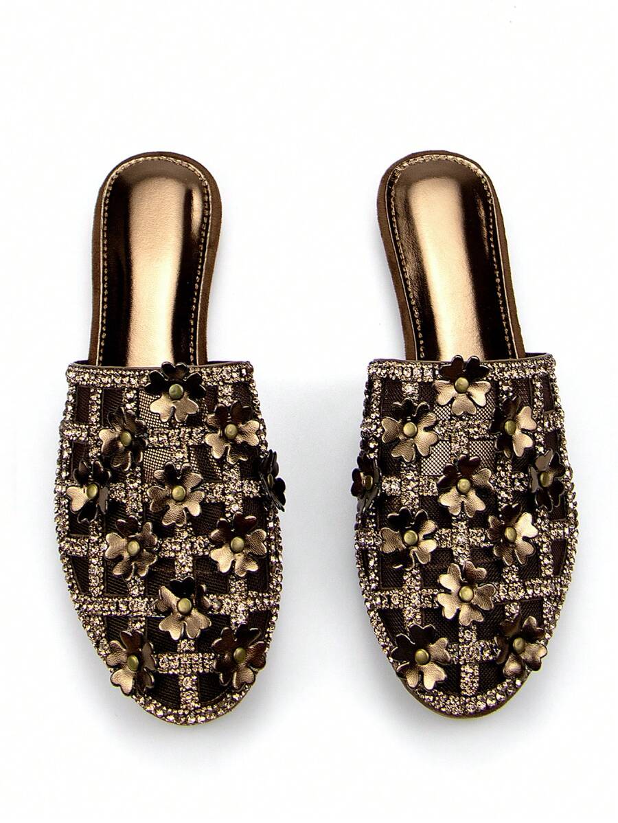 Women's Glamorous Hollow-Out Rhinestone Studded Floral Decorated Bronze-Tone Suede Mesh Casual/Party Flat Mules