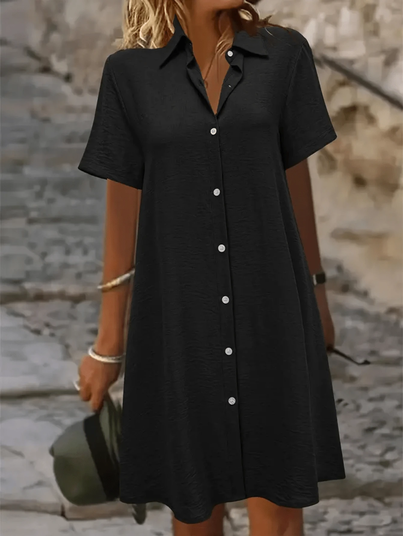 Women's Minimalist Casual Spring & Summer Solid Color Button Short Sleeve Shirt Collar Midi Dress
