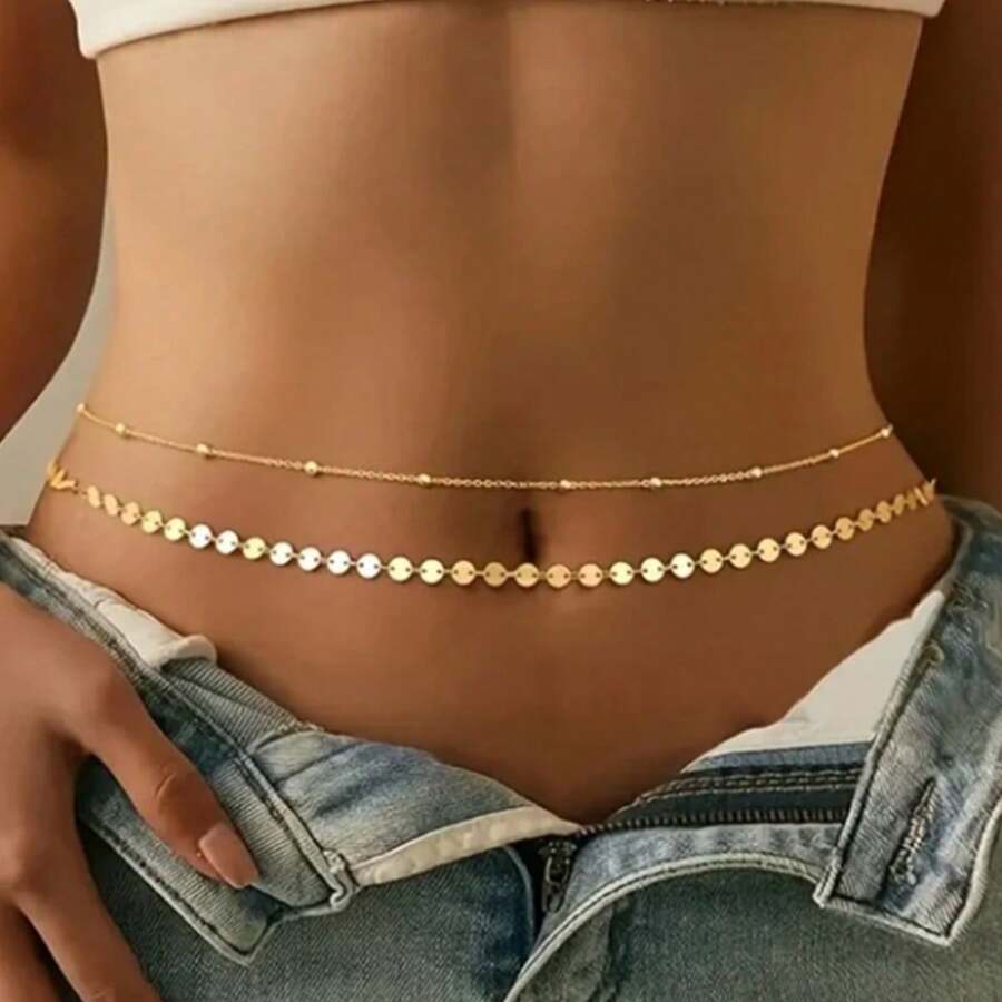 2 pièces/3 pièces Chaîne de taille femmes scintillante à sequins, bijoux chaîne de corps sexy
