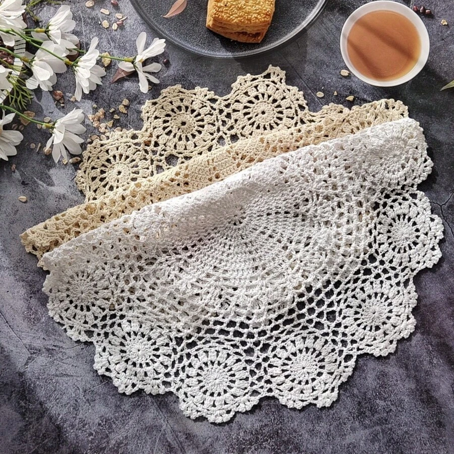 Sousplats Redondos Crochê Feitos à Mão Individuais de Renda Individuais Tricotadas Vazadas Sousplats Resistentes ao Calor Decoração de Mesa 16pol Bege/Branco