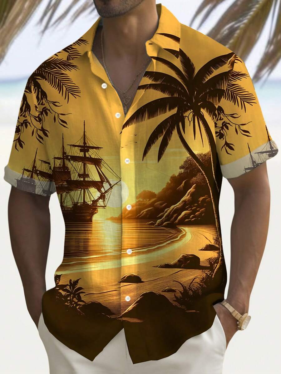 Plus Size Men's Hawaiian Sunset Seascape 3D Digital Print Button Pocket Short Sleeve Shirt, Summer