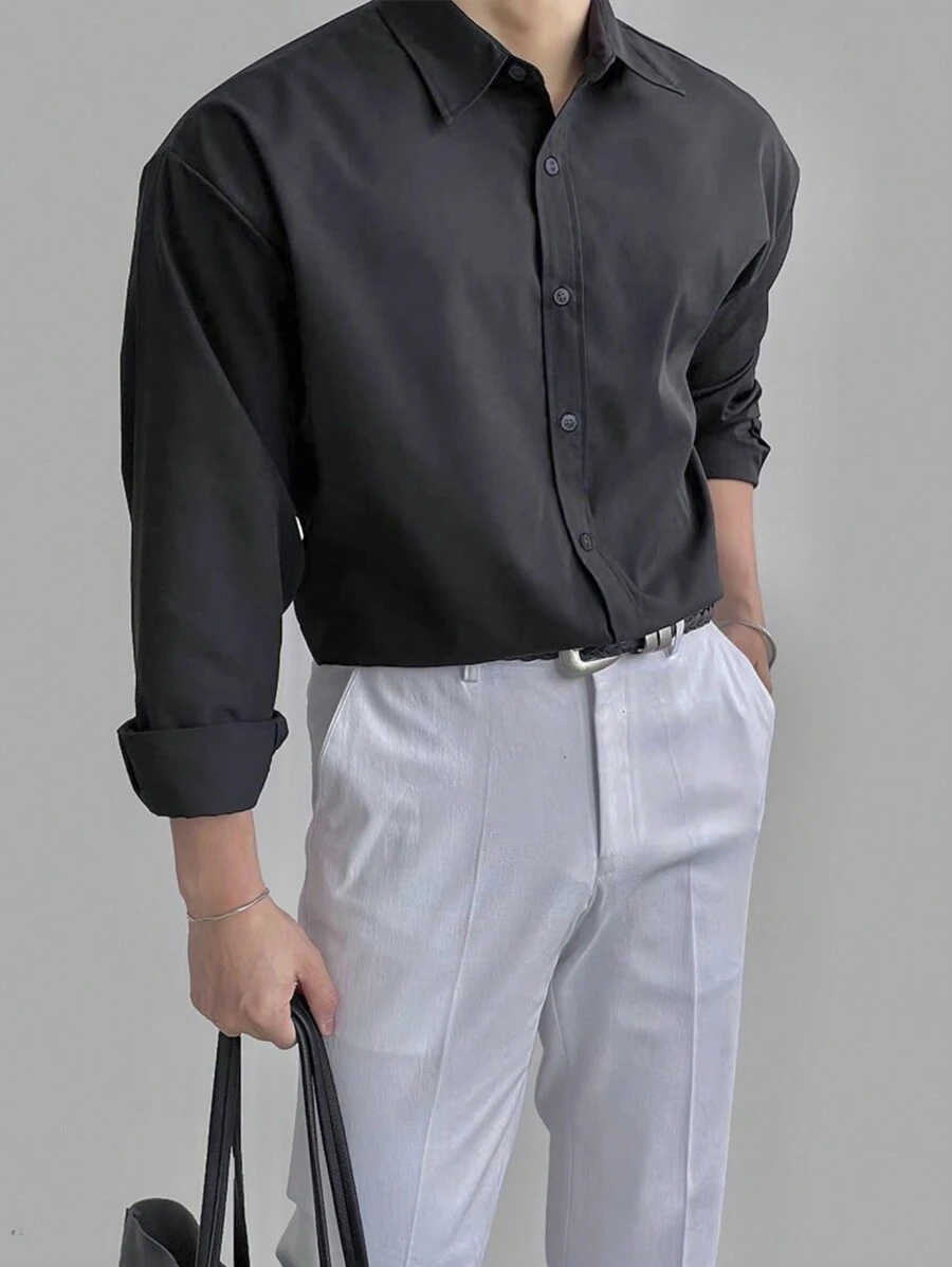 Camisa Social Masculina Manga Longa Lisa Com Botão