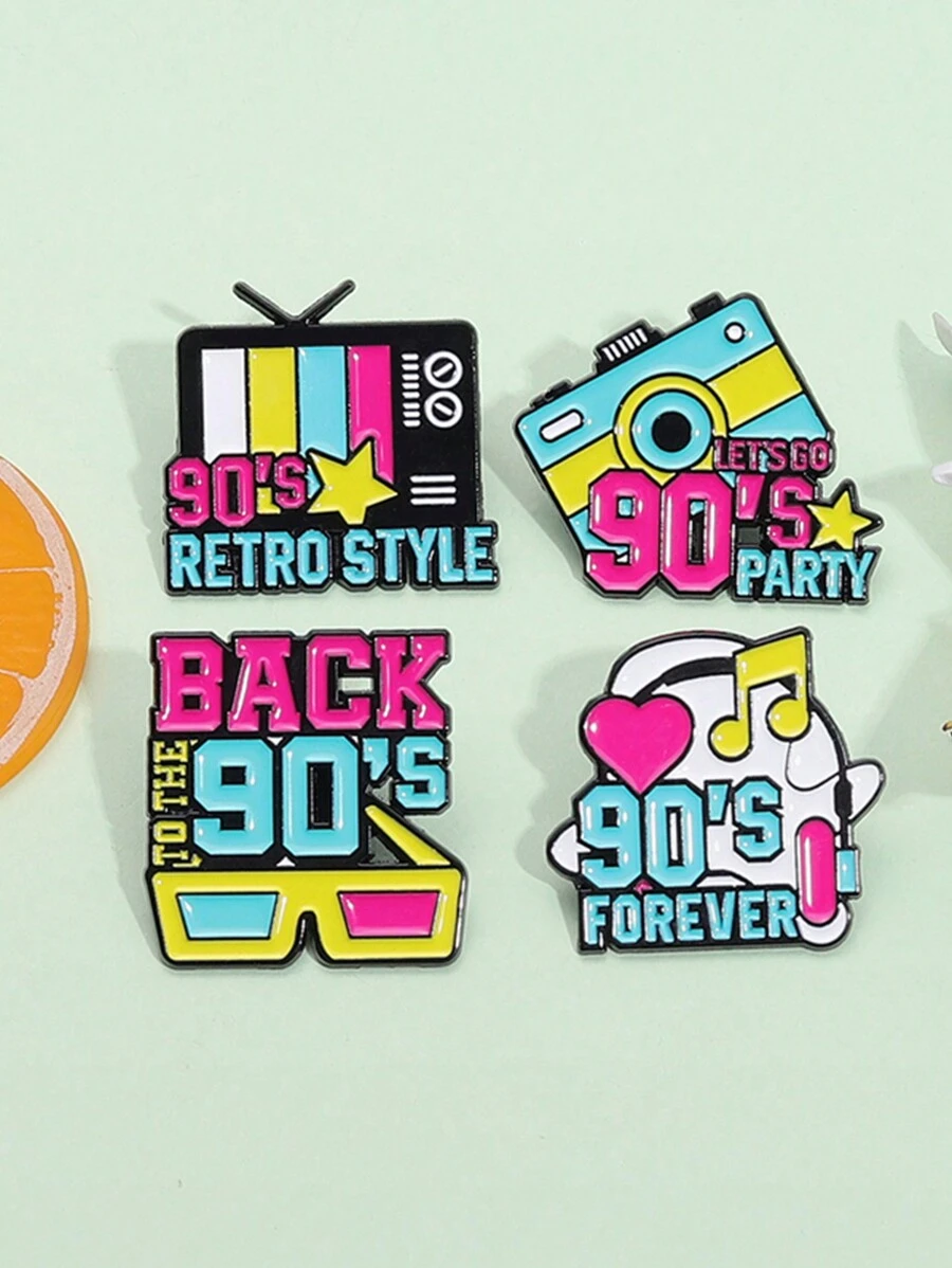 4 piezas de Pins esmaltados con diseños de cámara de TV, radio y estilos de dibujos animados retro de los 90, pins creativos con estilo vintage para aplicar en chaquetas, mochilas u otros obsequios lindos para amigos