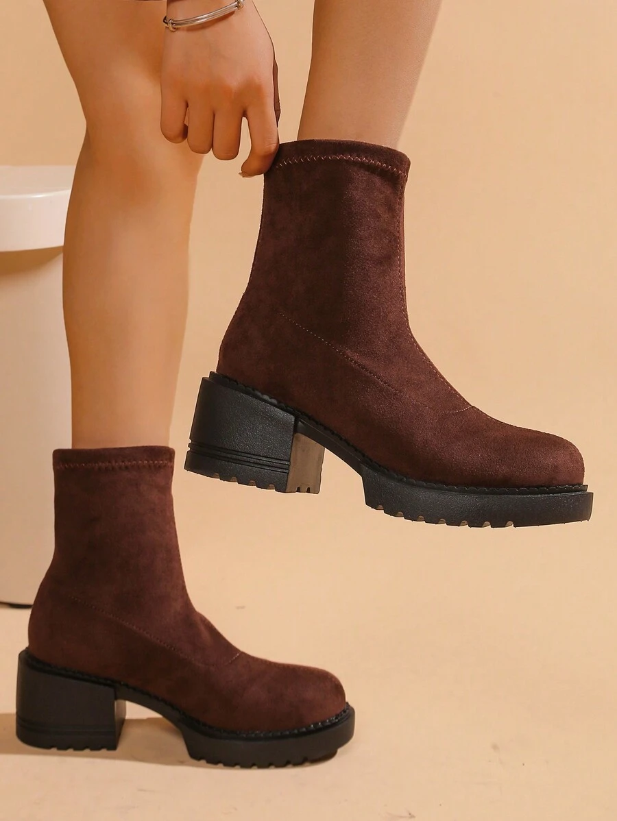 Women's Coffee Brown Thick Heel Slip On Outdoor Ankle Boots, New Suede High Heel Platform Simplistic Elegant Boots