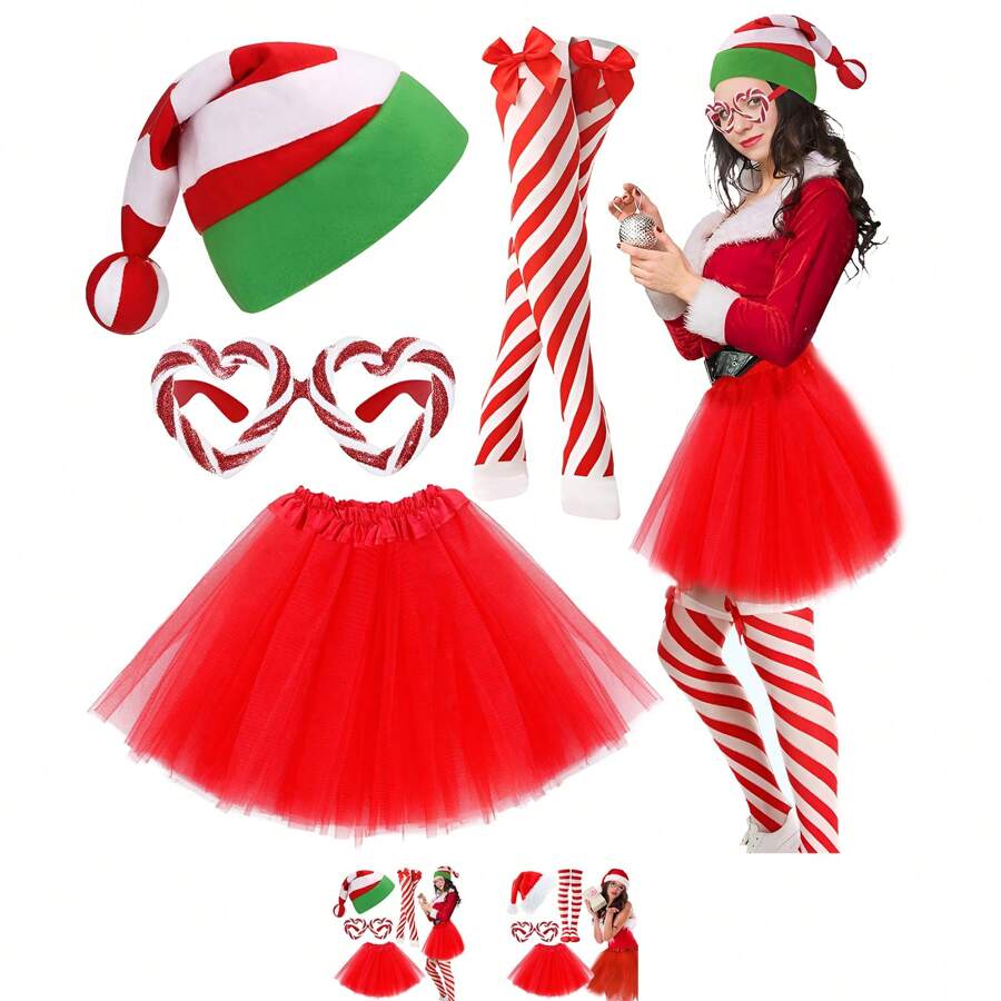 4 Stücke/Set Weihnachts-Kostüm-Accessoires für Frauen, bestehend aus Weihnachtsmann-Mütze mit Zuckerstangen, Zuckerbrillen, Tüllrock und gestreiften Socken