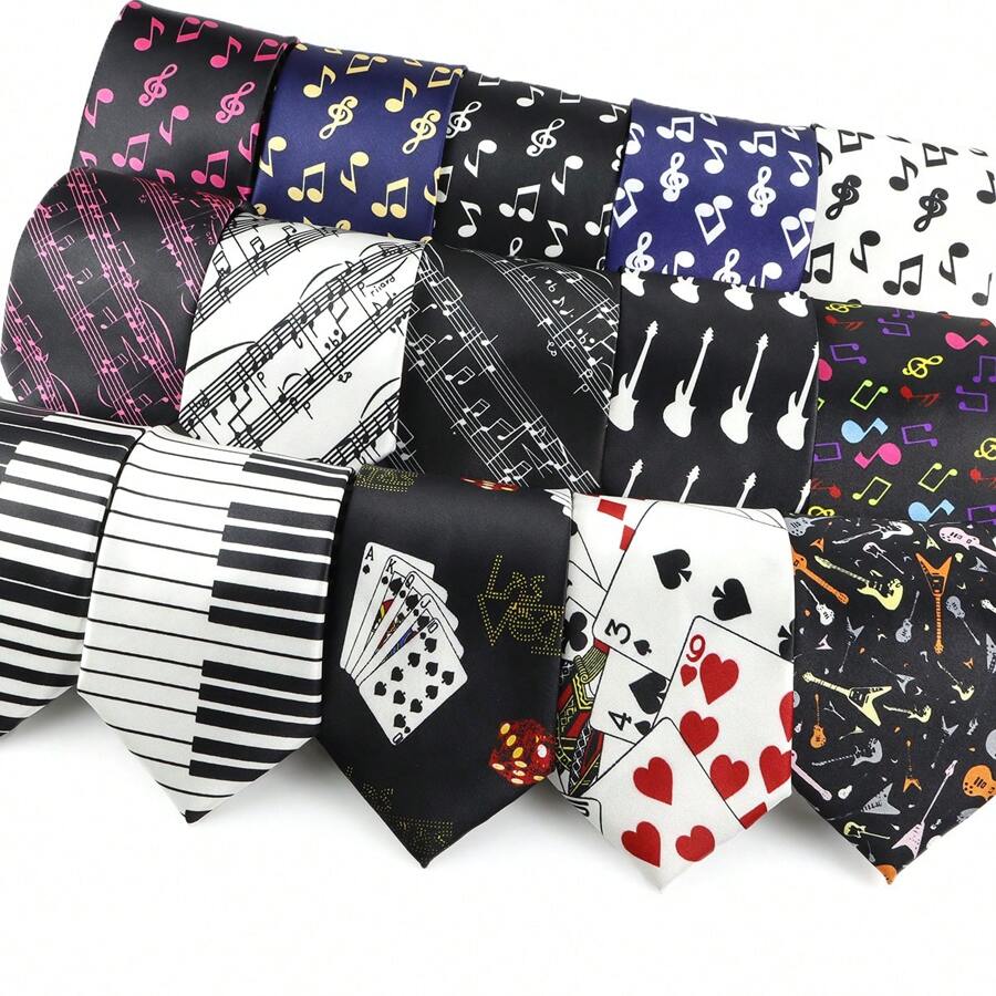 ZONFAZ 1pc Men Musical Note, Music Sheet, Piano Keys, Playing Card Pattern Business Fashion Necktie, 8cm Width Satin Texture, Suitable For Music Performance, Ceremony, Wedding, Party Matching