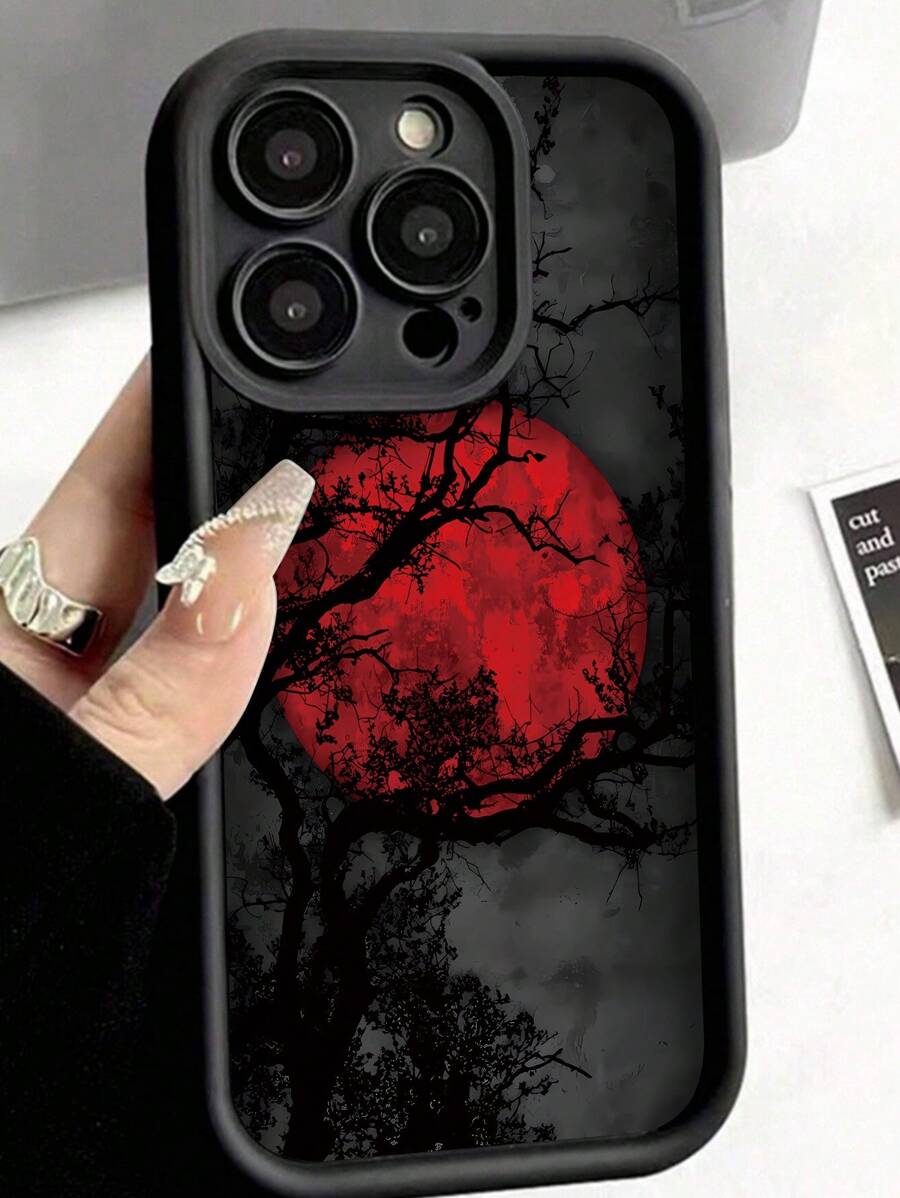 1pc Black Thick Shockproof, Anti-Fall, Anti-Fingerprint Full Protective Phone Case With Red Crescent Moon Pattern, Compatible With Iphone
