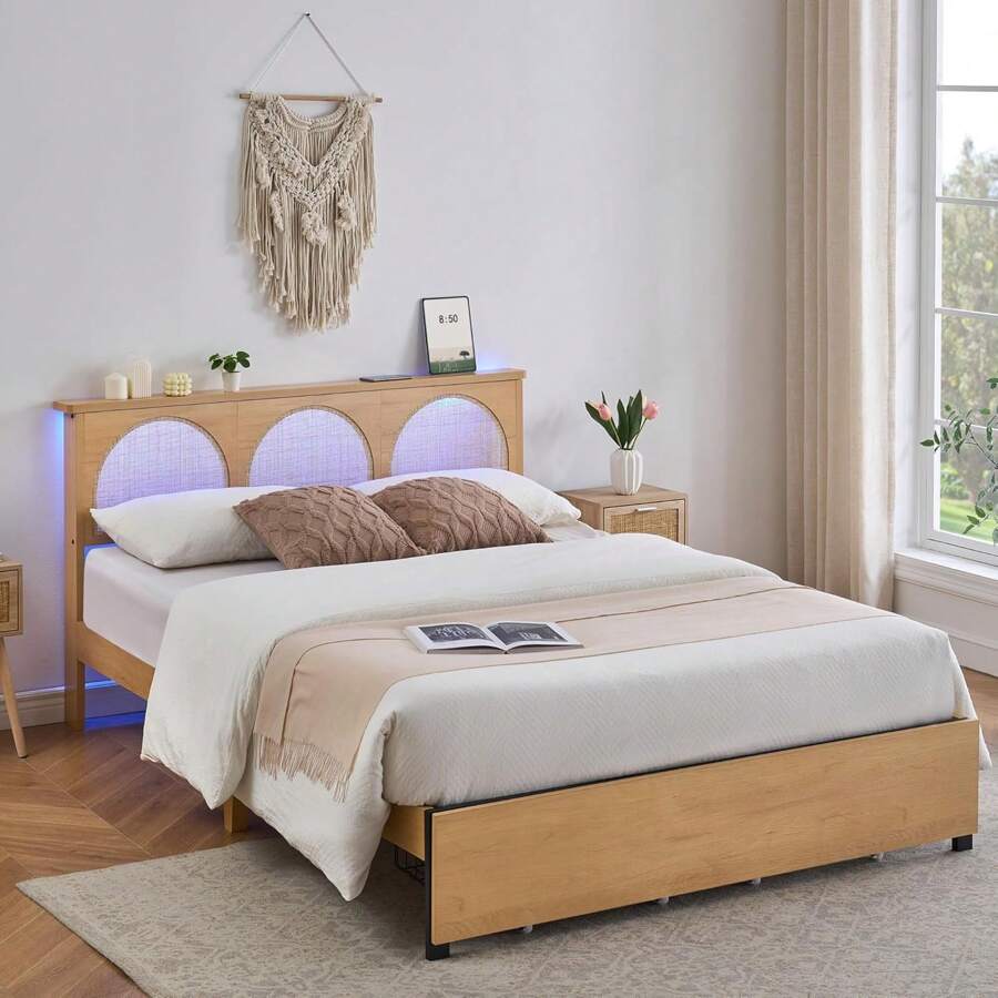 King Size Bed Frame With Natural Rattan Headboard And Storage Drawers, Bed Frame With LED Strips And Strong Woode Slats Support, No Box Spring Needed,Easy Assembly
