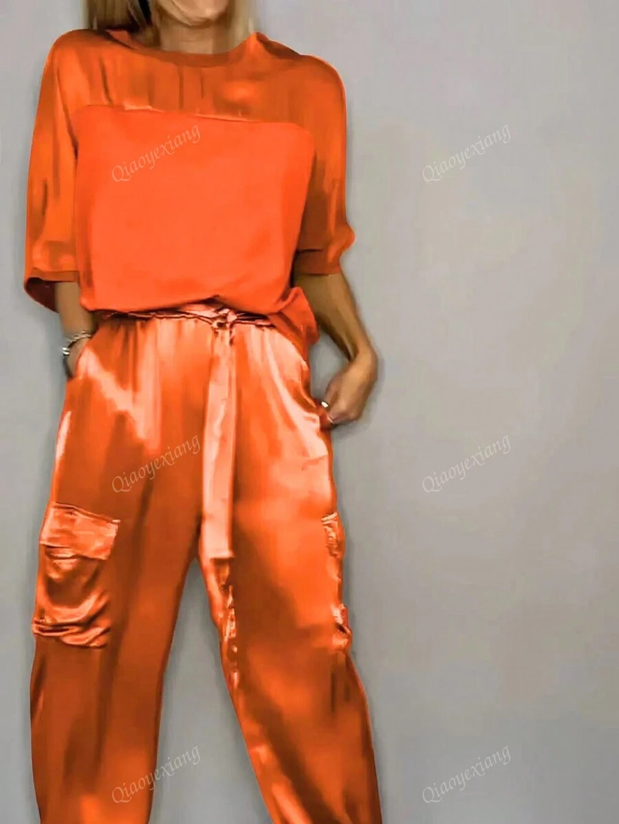 2Pcs/Set 2024 New Arrival Fashion Women Smooth Satin Short Sleeve Top And Pants Suit, Casual Outfit