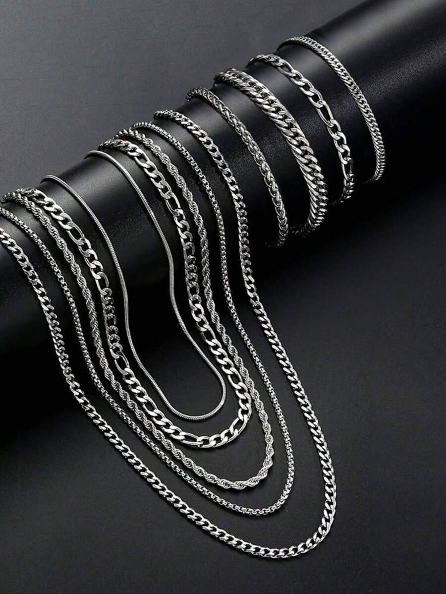 17KM 9 stuks minimalistische punk hiphop coole roestvrijstalen ketting en armband sieradenset voor mannen, geschikt voor daten, vakantie, dagelijks gebruik, neutrale stijl (geen doos)