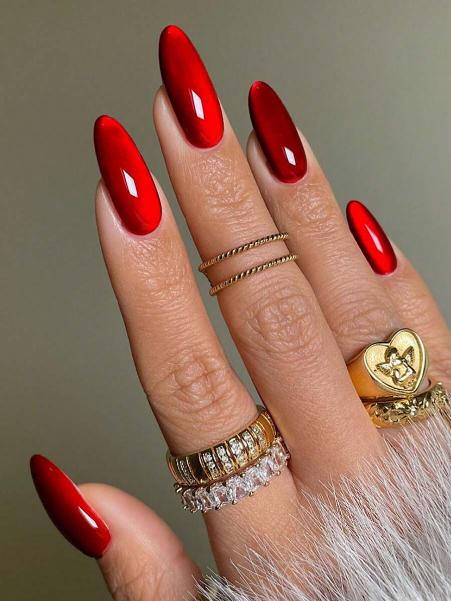10 piezas de uñas postizas elegantes y de alta gama de forma almendrada tipo ojo de gato color rojo cereza hechas a mano de manera artesanal
