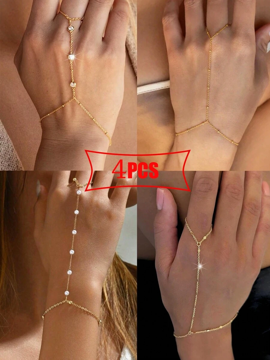Conjunto de 4 peças/conjunto de pulseiras de dedo com pérolas falsas e strass simples, férias femininas, encontro, presente, casual, acessórios de festa combinando
