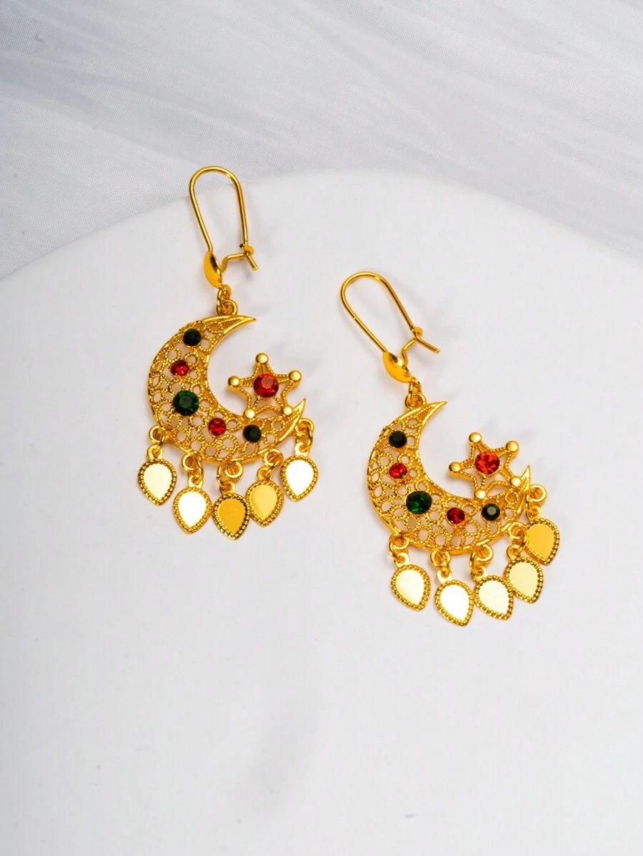 1 Pair Vintage Star Moon Design Earrings With Colorful Zirconia Embedded & Gold Tassel, Suitable Gift For Friends, Girlfriend, Wife, Birthday, Daily Wear And Eid Celebration