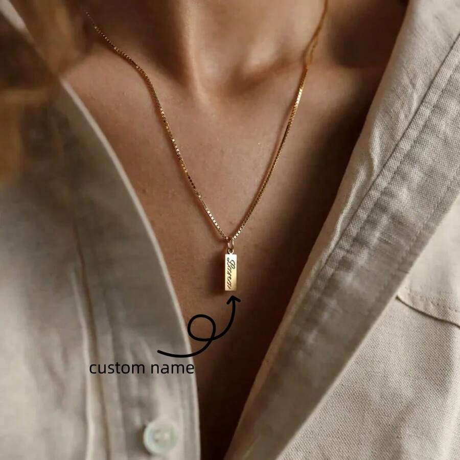 Collar personalizado con placa de identificación y cadena de caja de acero inoxidable, joyería hecha a mano para mujer, regalo de cumpleaños personalizado para ella o mamá