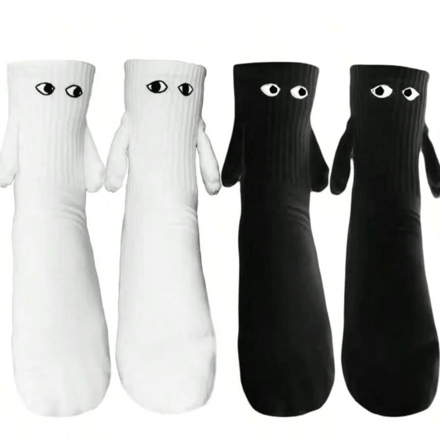 2 Pairs Solid Black & White Outdoor Couple Mid-Calf Holding Hands Socks