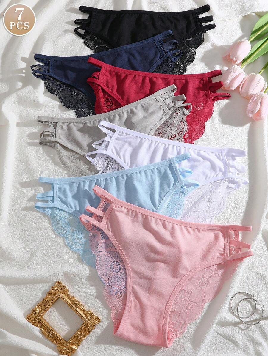 7-teiliges Damen-Slip mit Spitzenmuster, Nähten in der Taille, Cut Out, atmungsaktiv, sexy Slips, Damenunterwäsche