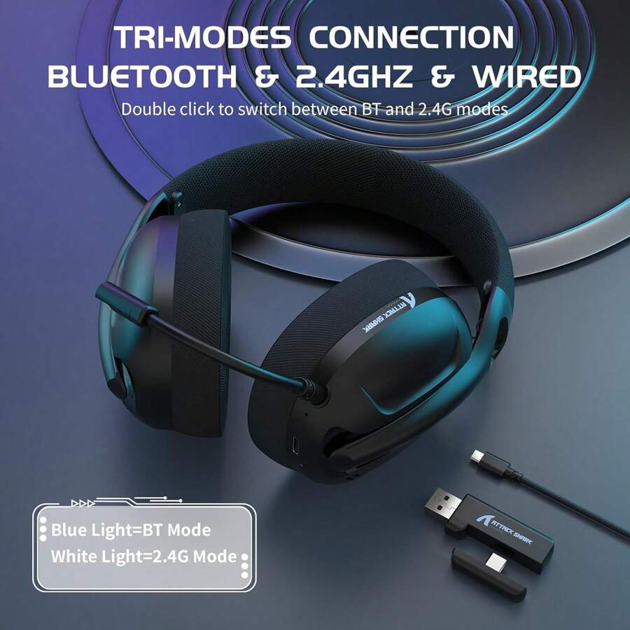 Wireless Gaming Headset Ultralight Over Ear With 2.4Ghz USB C&A Dongle/Bluetooth 5.3/3.5mm Wired Detachable Mic Stereo Sound 600mAh Battery For PC Switch Win Gamer