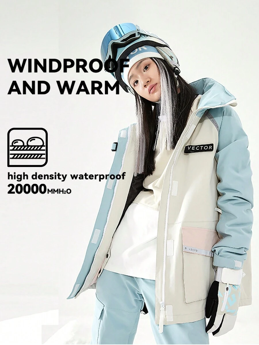 VECTOR MOTION Contrast Color Hooded Ski Jacket, Unisex Design, Padded Warm, Windproof, Waterproof, Cold-Proof, Abrasion-Resistant, Breathable, Stretchy, Lightweight Fleece, Suitable For Single/Double Board Skiing Equipment