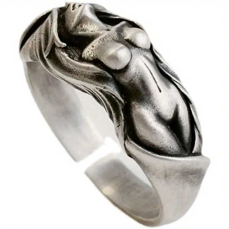 1pc Vintage Style Men's Ring With Nude Woman Design - Zinc Alloy, Antique Silver Plated