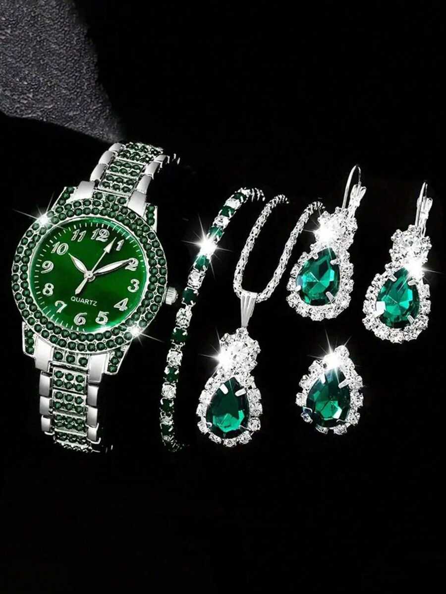 1 Set Of 6pcs Fashionable Ladies Watches, Green Dial Quartz Movement - Zinc Alloy Case & Band, Round Electronic Wrist Watch, Suitable For Daily Wear And Party, Ideal Gift For Friends On New Year, Christmas, Valentine's Day