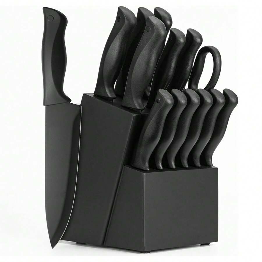 Knife Sets For Kitchen With Block, 15 Pcs Kitchen Knife Set With Block Self Sharpening, Dishwasher Safe, Anti-Slip Handle, Black
