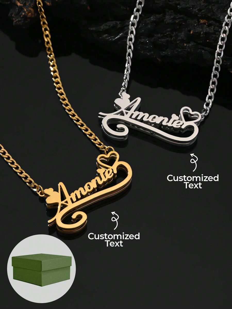 1 pièce Plaque d'identification pour le cou, en acier inoxydable plaqué or 18 carats, collier avec nom en or, argent, double plaquage du nom, chaîne avec nom en 3D, pendentif personnalisé avec texte, incluant un coffret cadeau raffiné, cadeau de la Saint-Valentin, des fêtes, de Noël, d'anniversaire
