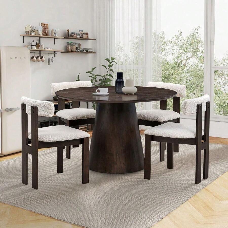(1 Table With 4 Chairs)Wooden Dining Table Set, Modern Round MDF Kitchen Table And Boucle Upholstered Dining Chairs For Dining Room, Kitchen, Saving Space, Brown,PlushPlace