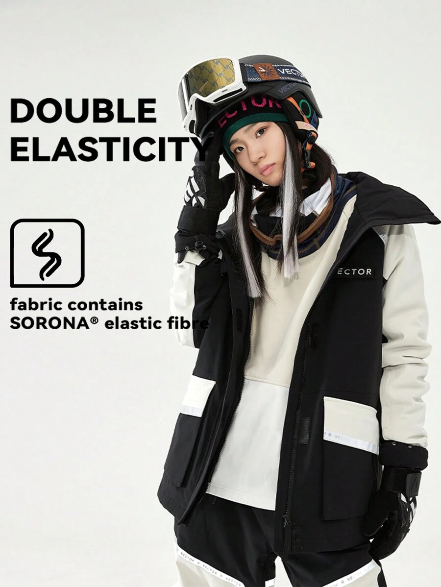 VECTOR MOTION Kontrast-Farbener Skijacke mit Kapuze, Unisex, Gefüttert, Winddicht, Wasserdicht, wärmeisolierend, Abriebfest, atmungsaktiv, elastisch, leichter Fleece, geeignet für Einzel-/Doppel-Ski