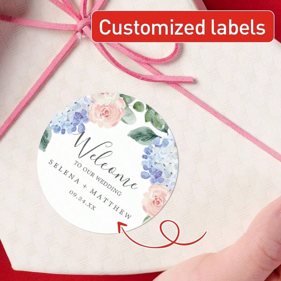 Gepersonaliseerde bloemenhuwelijksnaamstickers - Gepersonaliseerde labels met namen en data, ideaal voor huwelijksgunsten, uitnodigingen en evenementdecoraties, die een uniek en elegant tintje toevoegen aan uw viering